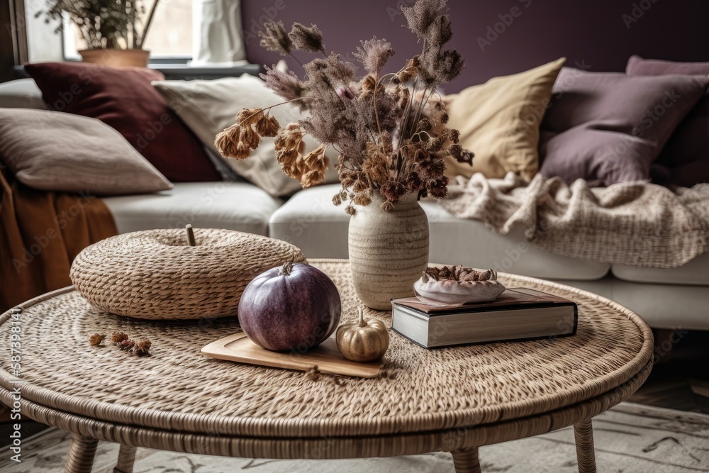 Antique white and purple living room closeup. Sofa, autumn themed rattan table. acorn and dried leaf