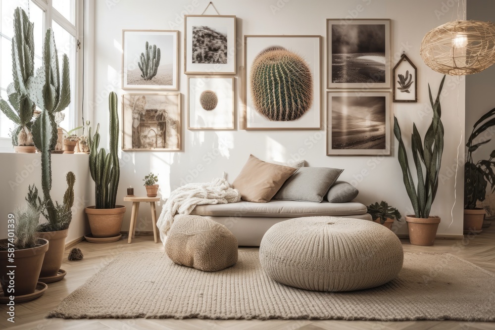 Pouf and plant beside pillowed sofa in bright apartment with light and posters. Real picture. Genera