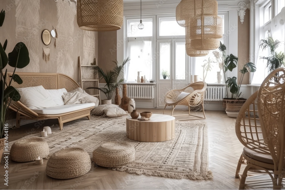 White and beige bohemian living room with parquet and wallpaper. Sofa, jute carpet, rattan armchair.