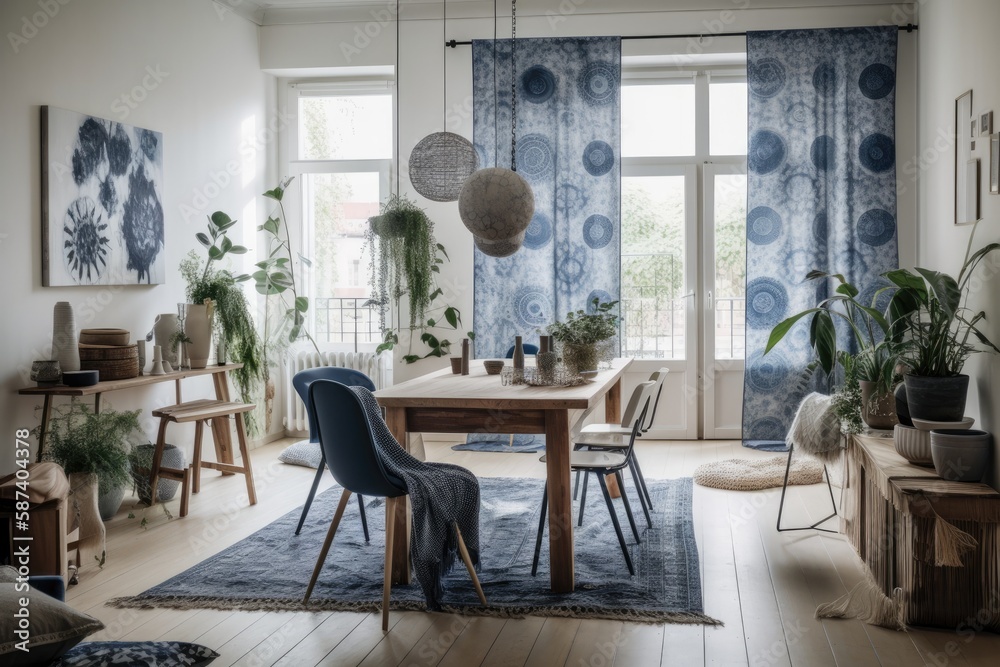 Large, light dining area with Shibori curtains, cushions, and posters. Generative AI