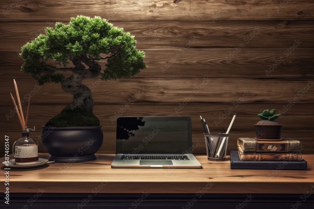 On a desk with a bonsai tree, stationery, and books, against a wooden wall. panoramic image with pla