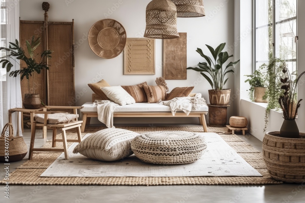 Boho chic living room. Decorating idea. Generative AI