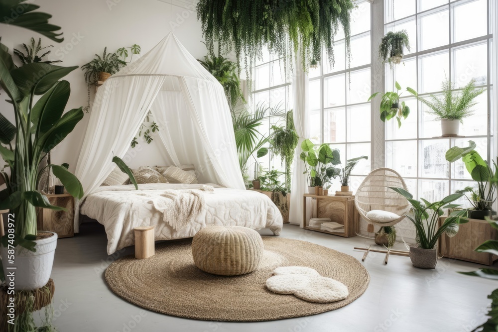 Boho urban jungle interior design. White bedroom with circular canopy bed. Colorful boho room with g