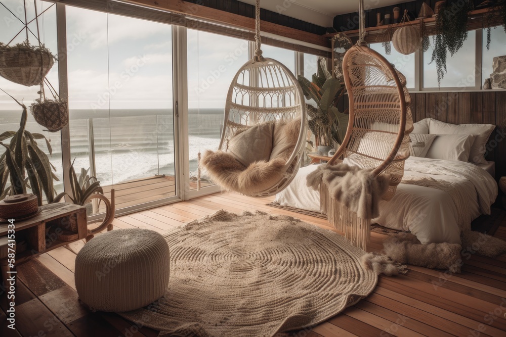 A seaside bohemian bedroom with a hanging macrame egg chair, a wood stool, and a patio and garden in