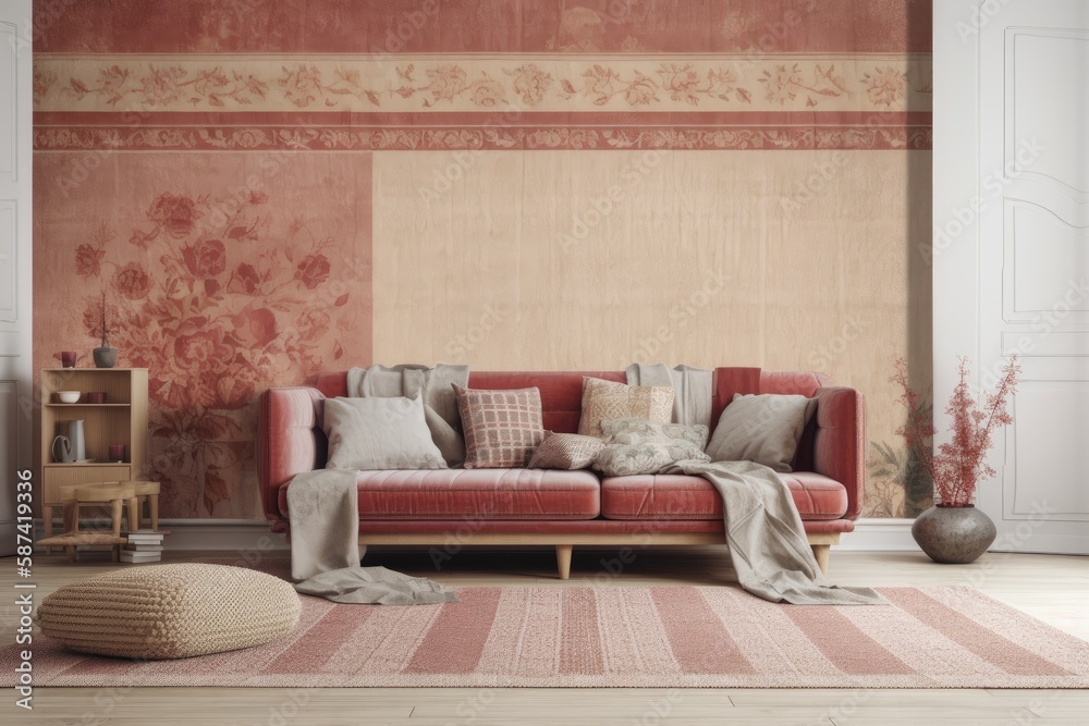 Red and beige hardwood living room mockup. Parquet, rattan, fabric sofa, wallpaper. Farmhouse decor,