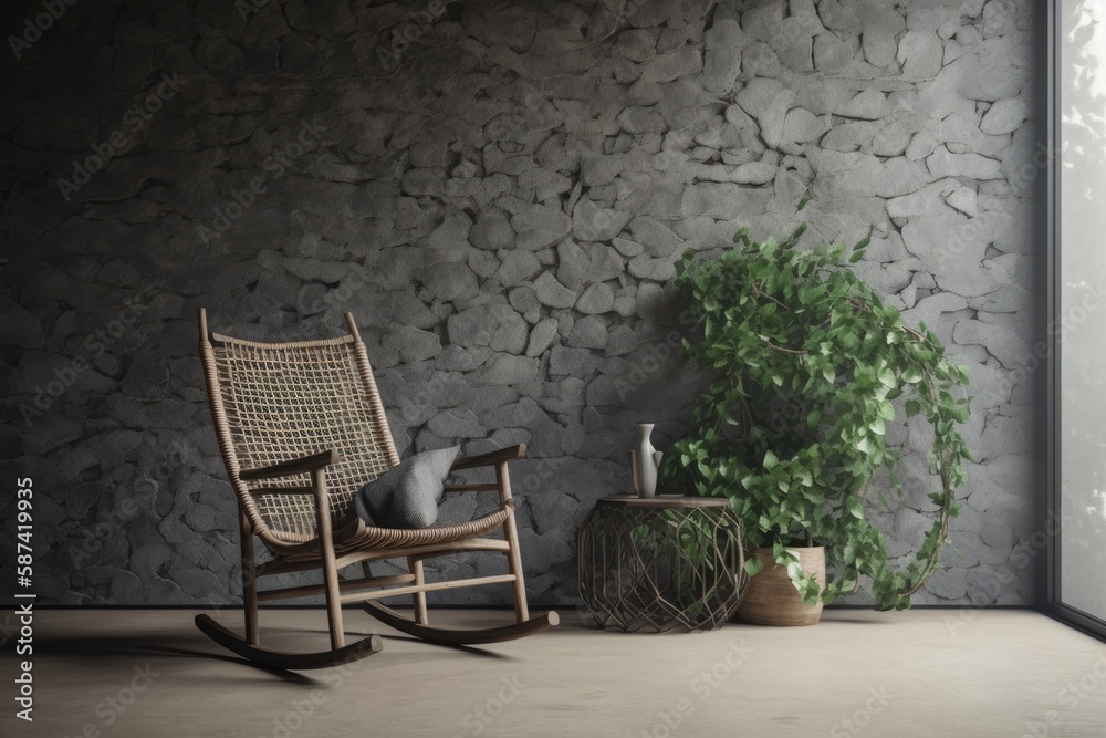 Background of a grey stone wall, a rocking chair, a floral detail, and a style of home décor. Genera