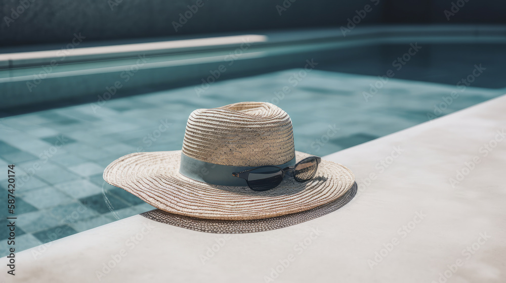 Summer hat and pool. Illustration AI Generative.