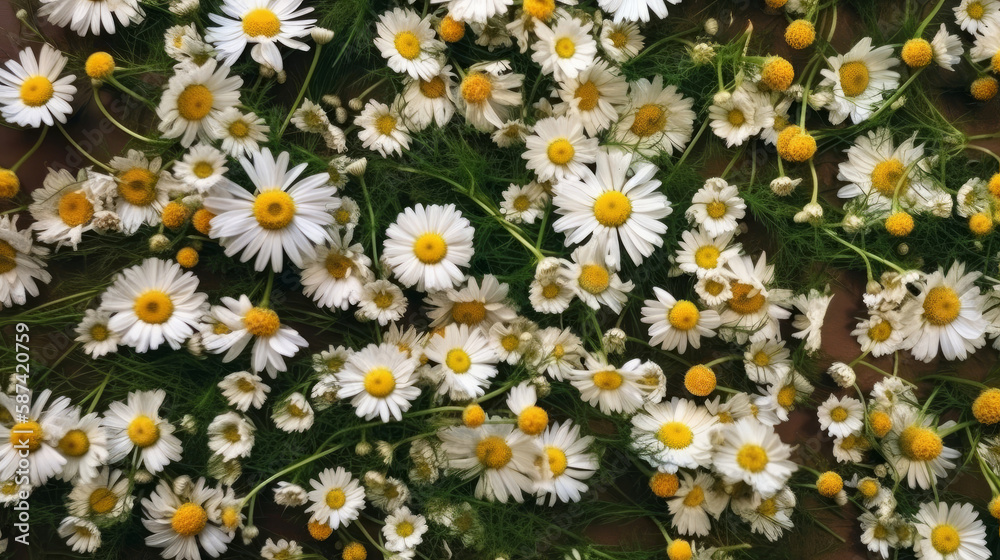 Chamomile flowers background. Illustration AI Generative.