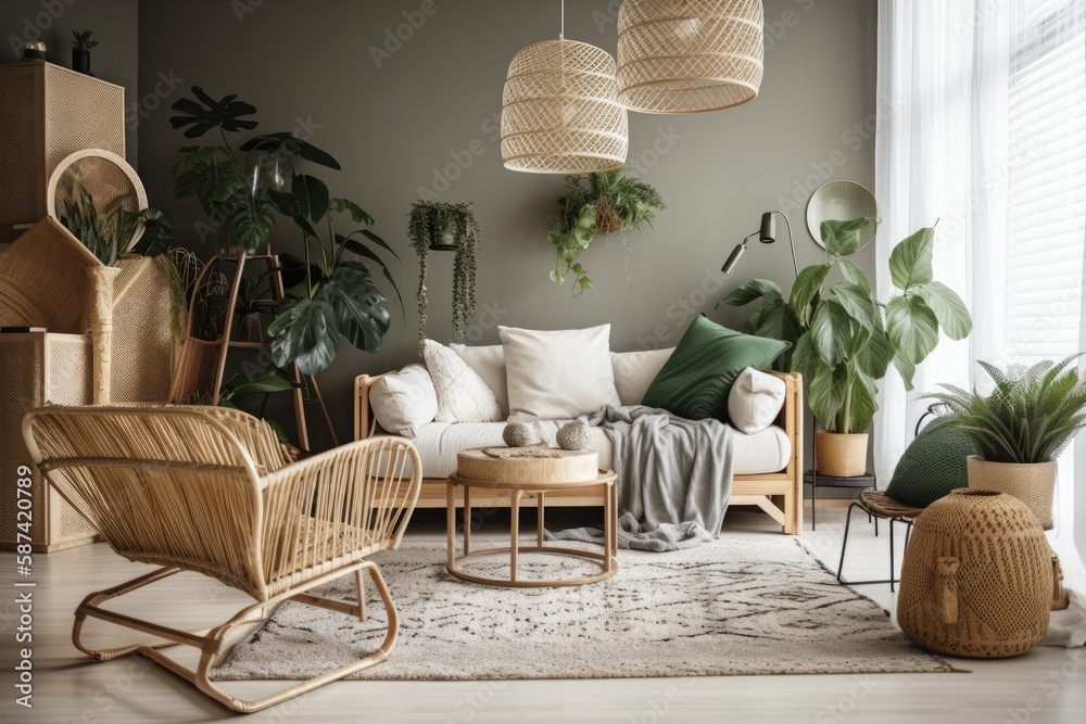 Contemporary and bohemian apartment decor with gray couch, rattan armchair, wooden cubes, plaid, tro