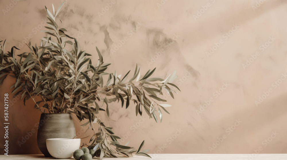 Olive branch leaves on beige background. Illustration AI Generative