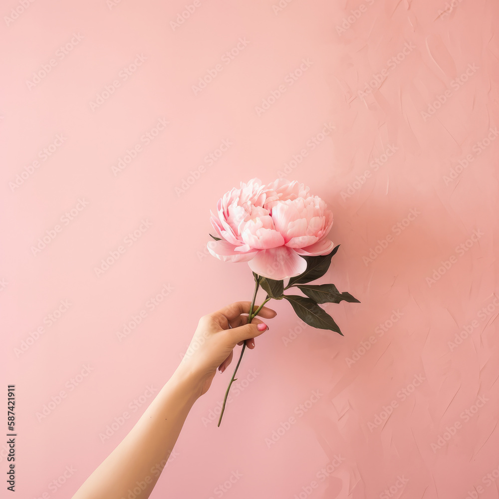 Hand with pink peony flower. Illustration AI Generative.