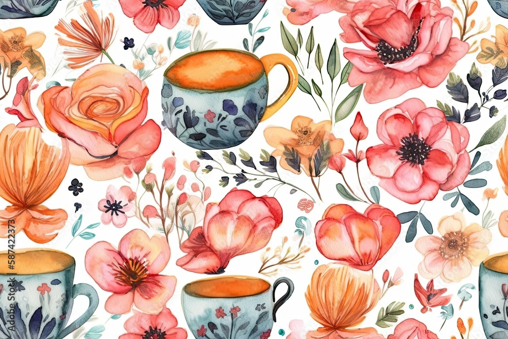 coffee cups and flowers in a watercolor painting. Generative AI