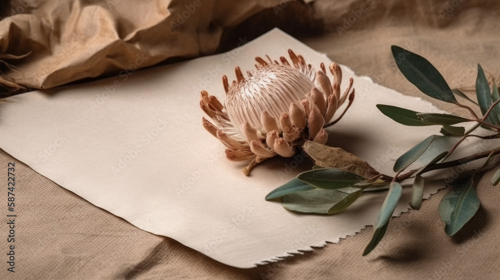 Dried protea flower with blank paper card. Luxury Background. Illustration AI Generative.