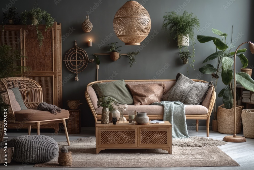 Bohemian home design with gray couch, rattan armchair, wooden cube, plaid, cushion, tropical plants,