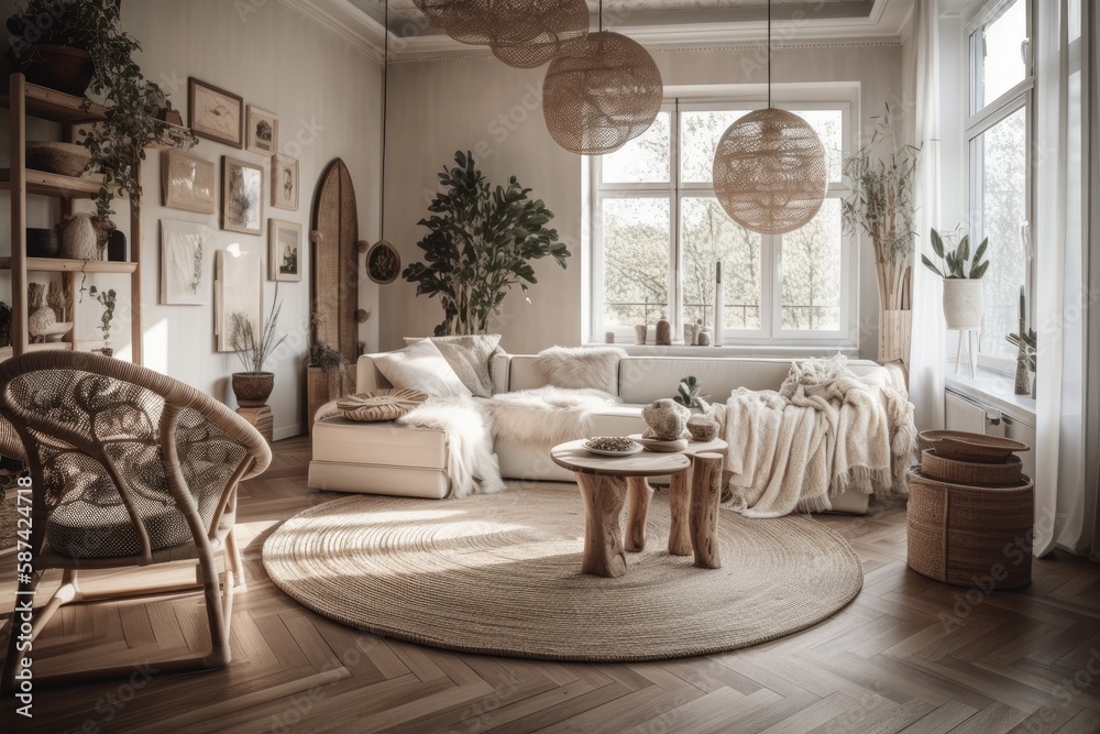 White and beige farmhouse living room with rattan furniture, parquet floor, and macrame wall art. Bo