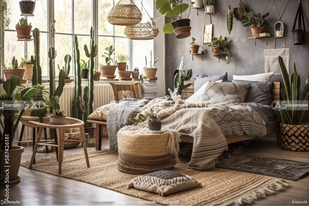 Houseplants in wicker baskets and ceramic pots on wooden bench against armchair and cozy bed with wh