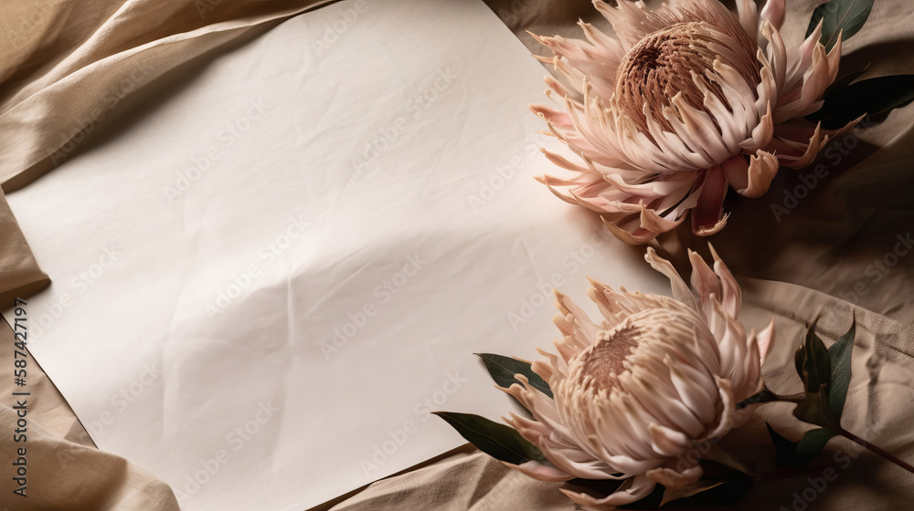 Dried protea flower with blank paper card. Luxury Background. Illustration AI Generative.