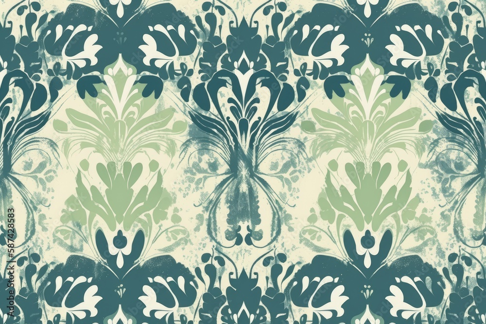 beautiful blue and green floral pattern on a clean white background. Generative AI