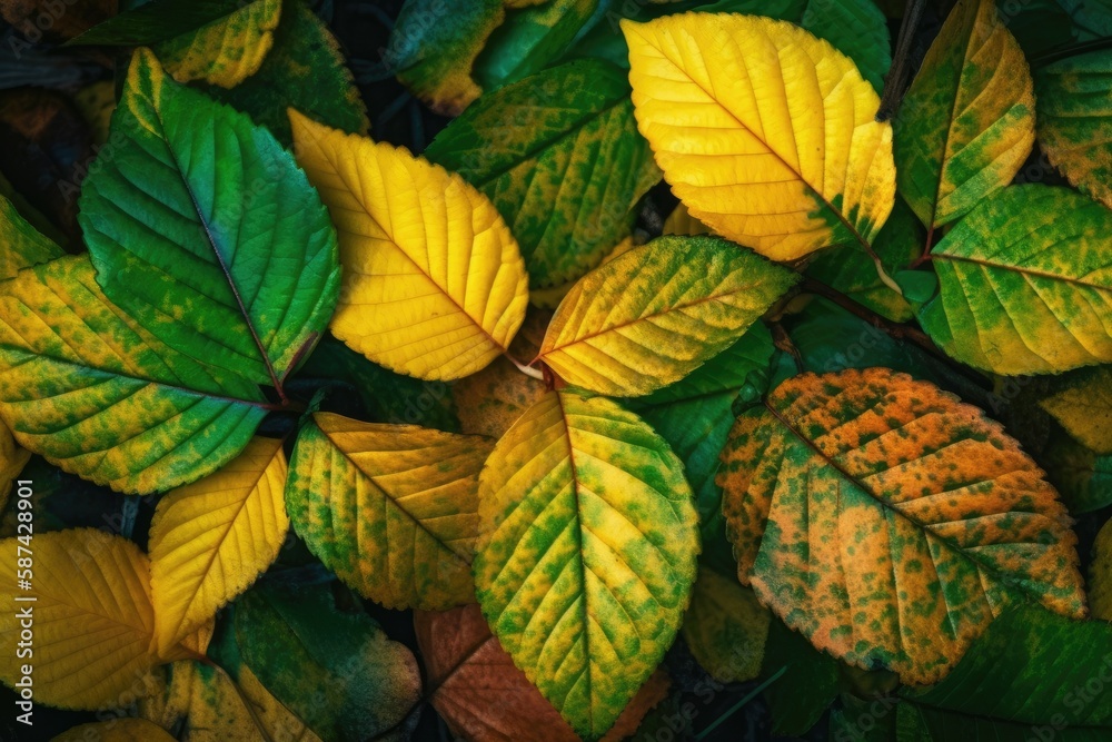 colorful foliage background with leaves overlapping each other. Generative AI