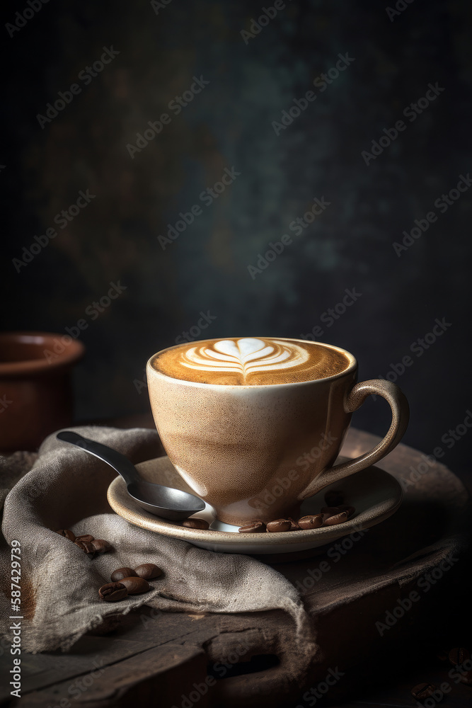 Cup of coffee. Rustic background. Illustration AI Generative.