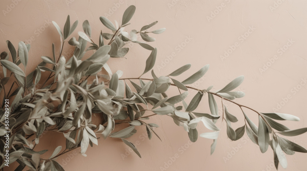 Olive tree branch on beige background. Illustration AI Generative