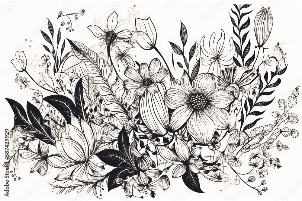 beautiful bouquet of flowers drawn in black and white. Generative AI