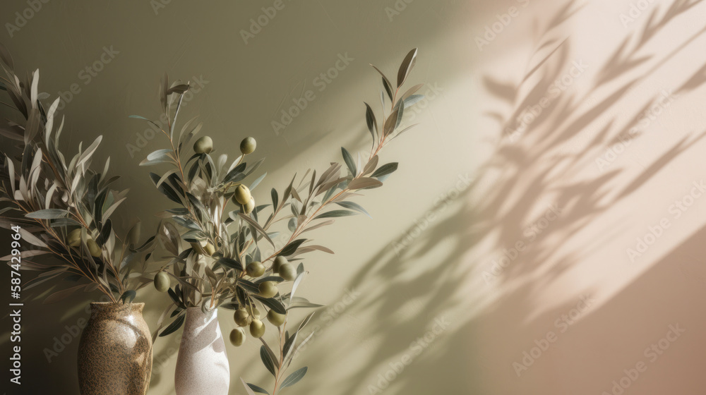 Olive branch leaves on beige background. Illustration AI Generative