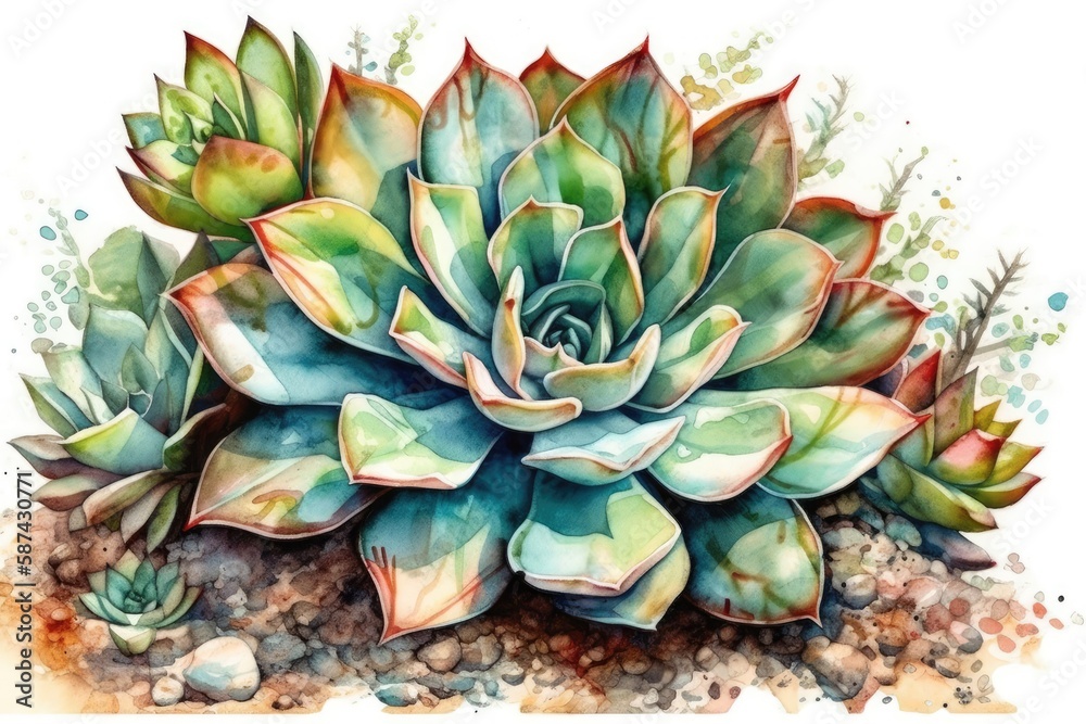 vibrant watercolor painting of a succulent plant. Generative AI