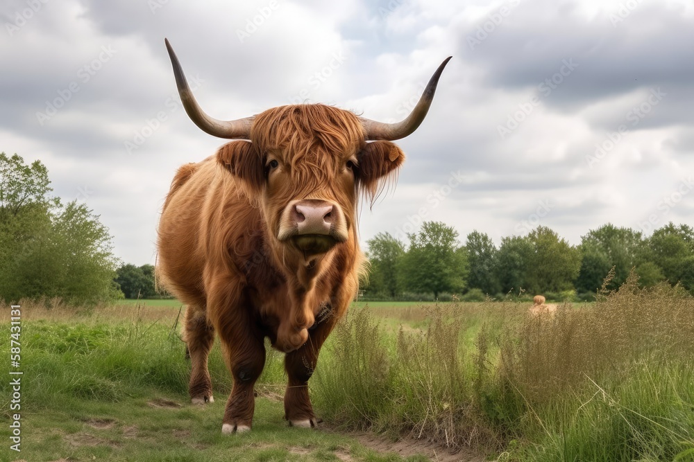 Walking and grazing Highland cow cattle (Bos taurus taurus) on a field in Deelerwoud, the Netherland