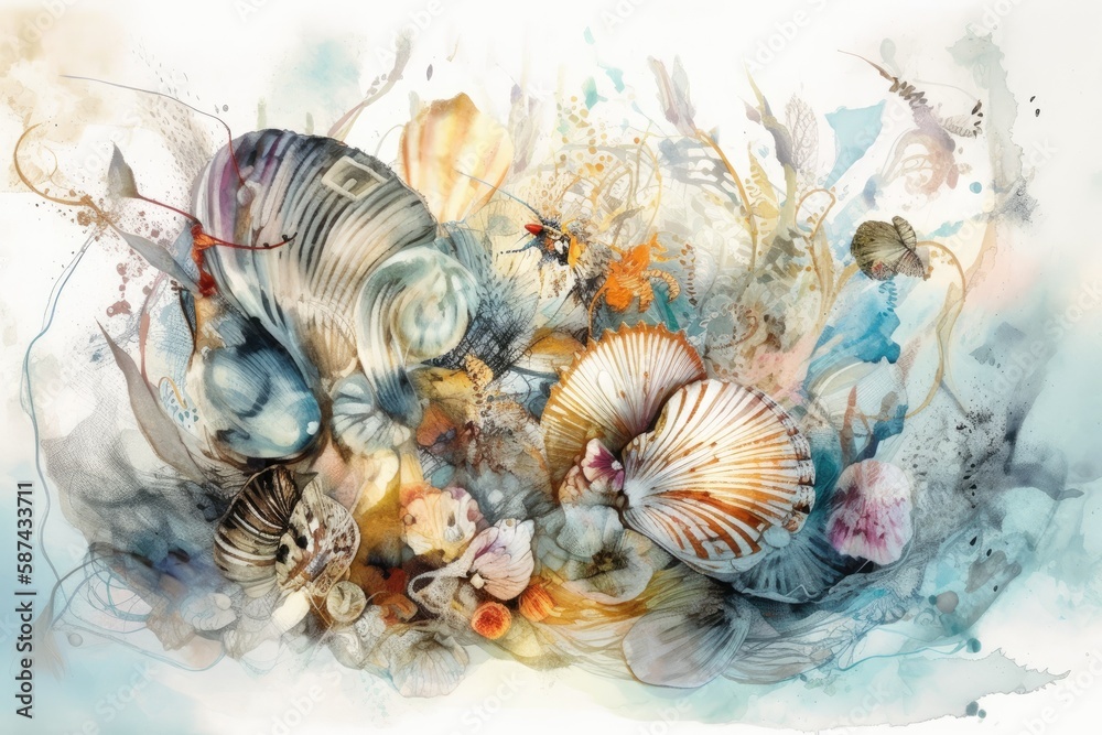 seashells and seaweed on a white background. Generative AI