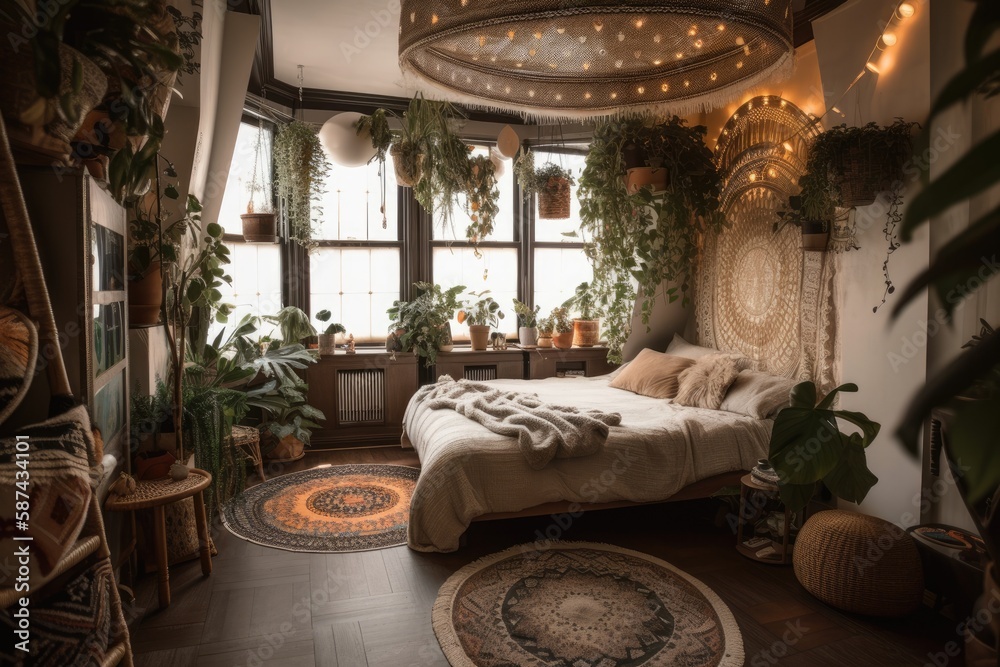 View from above of pleasant light boho bedroom with circular canopy bed on second home level, adorne