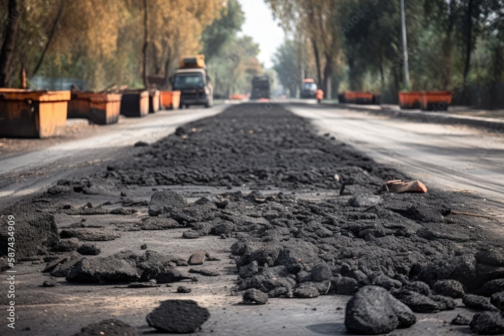 construction of roads. concrete kerb, new asphalt, and orange safety. Generative AI