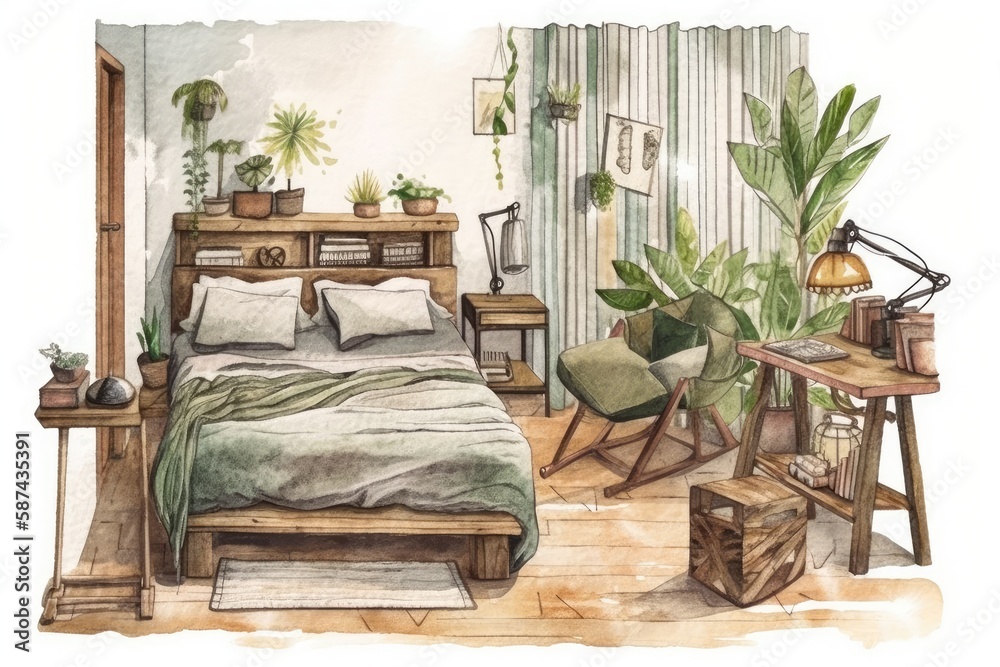 Watercolor bedroom decor in wabi sabi style, basic living idea, hand drawn image on white backdrop. 