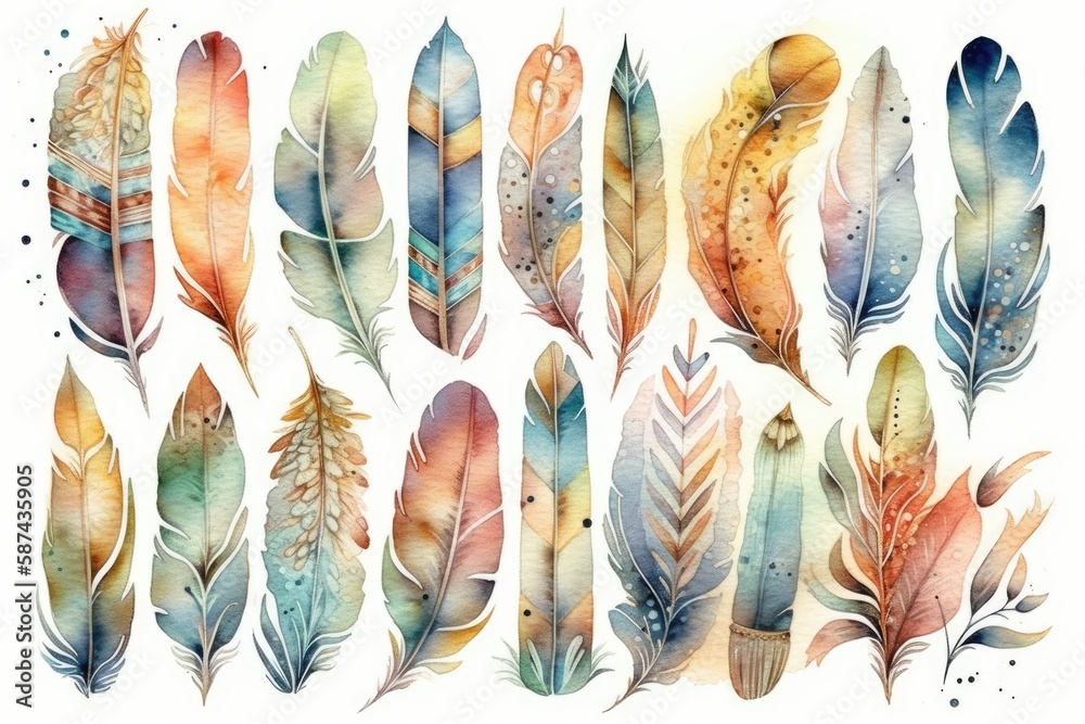 watercolor feathers on a plain white background. Generative AI