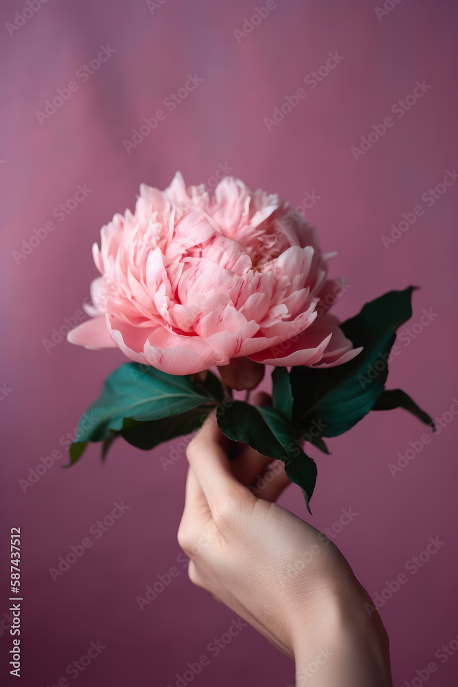 Hand with pink peony flower. Illustration AI Generative.