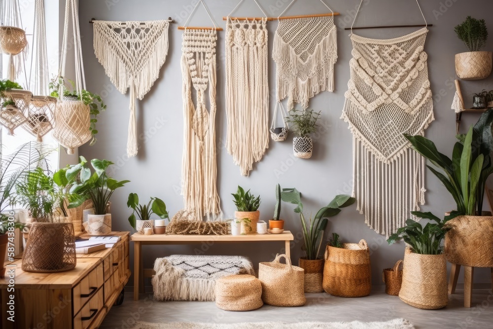 Macrame wall hanging and wicker basket décor on a brilliant white wall. Modern boho display with hou