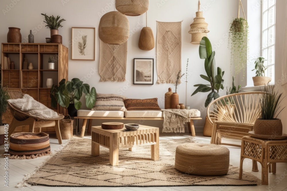 Elegant bohemian living area with wooden seat, plants, cactus, mock up picture frames, and personal 