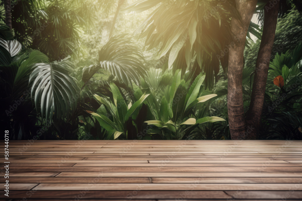 Wooden floor with tropical background. Illustration AI Generative.