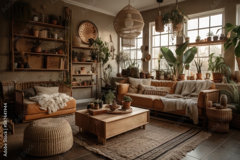 Cozy living area with ample space, plants, wooden shelves, rattan couch, and bohemian decorations. C