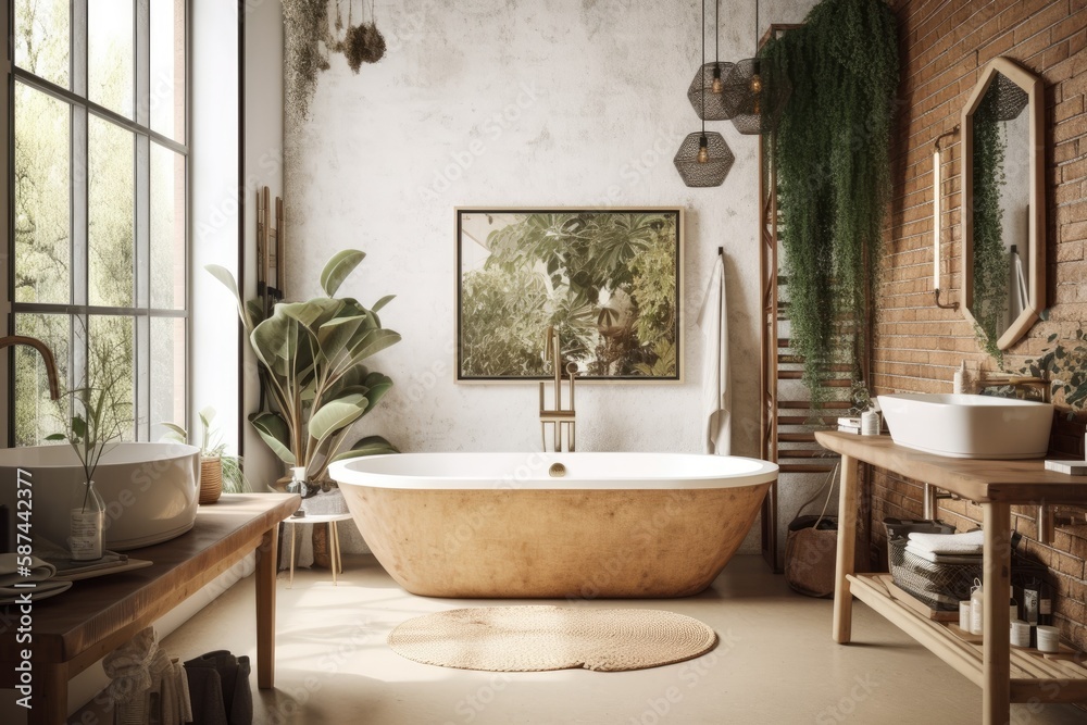 a lavish bathroom with a bathtub, a mock up picture frame on a stunning wall, decorated with cozy fu