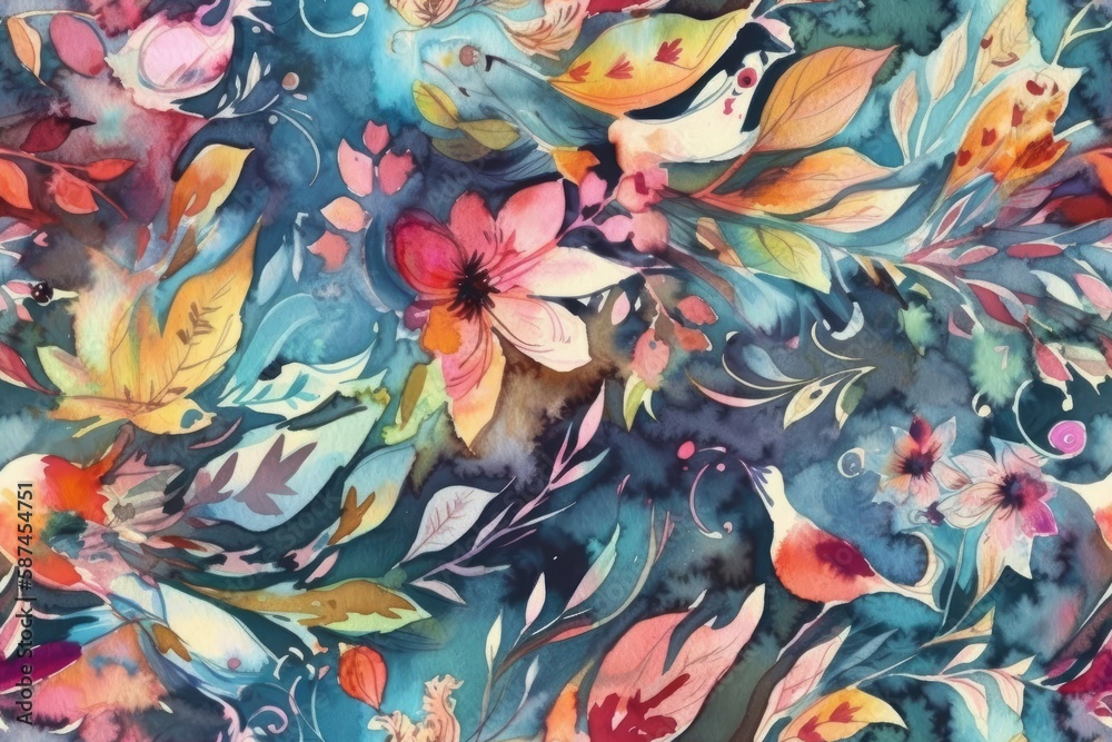 colorful flowers and leaves on a vibrant blue background. Generative AI