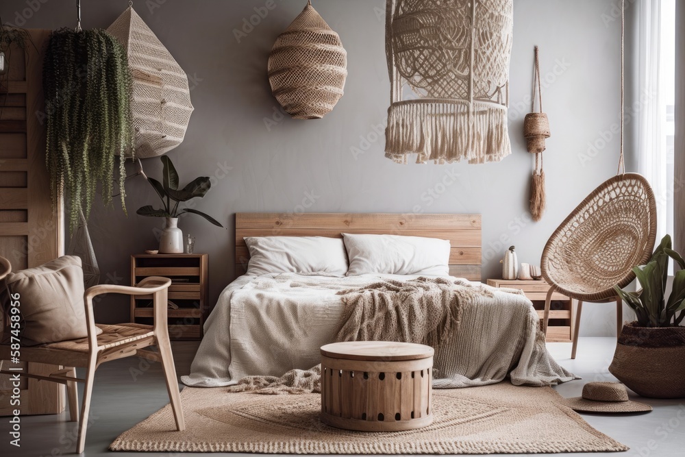 A seaside bohemian bedroom with a macrame chair, linen pendant lamp, and beach themed decor. Generat