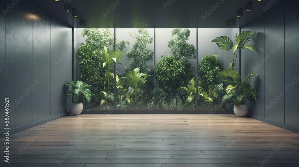 Empty background with wall and tropical leaves. Illustration AI Generative