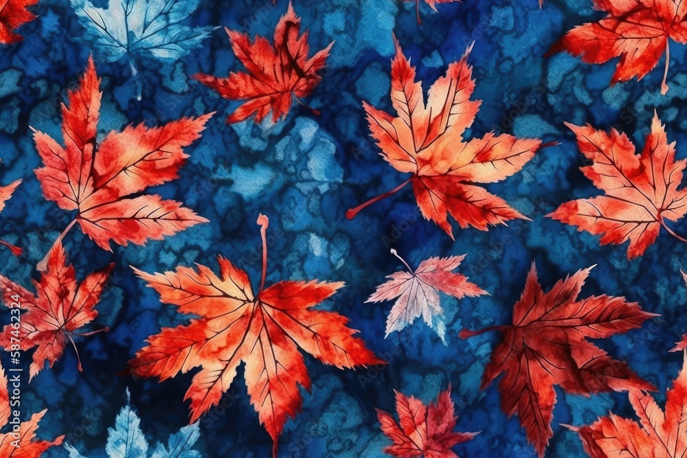 autumn leaves in warm hues against a cool blue backdrop. Generative AI