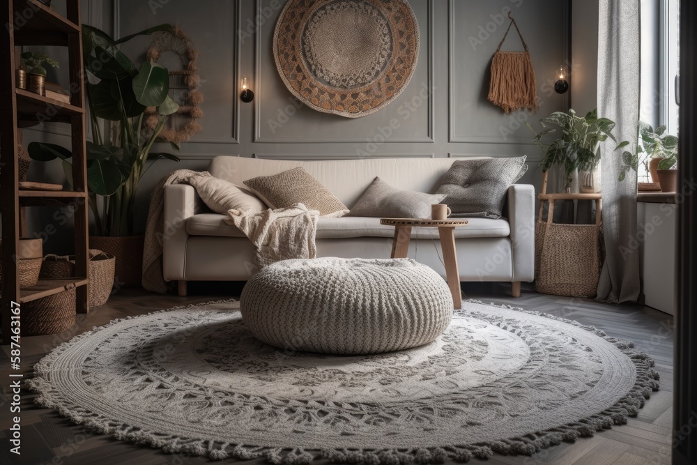 circular white crocheted rug near gray couch with cushions in bohemian interior. Generative AI