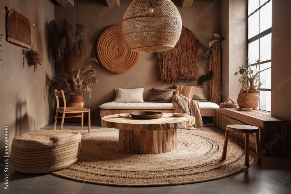 Gorgeous boho room interior with rough walls and exquisite wooden panel, jute carpet, braided Tatami