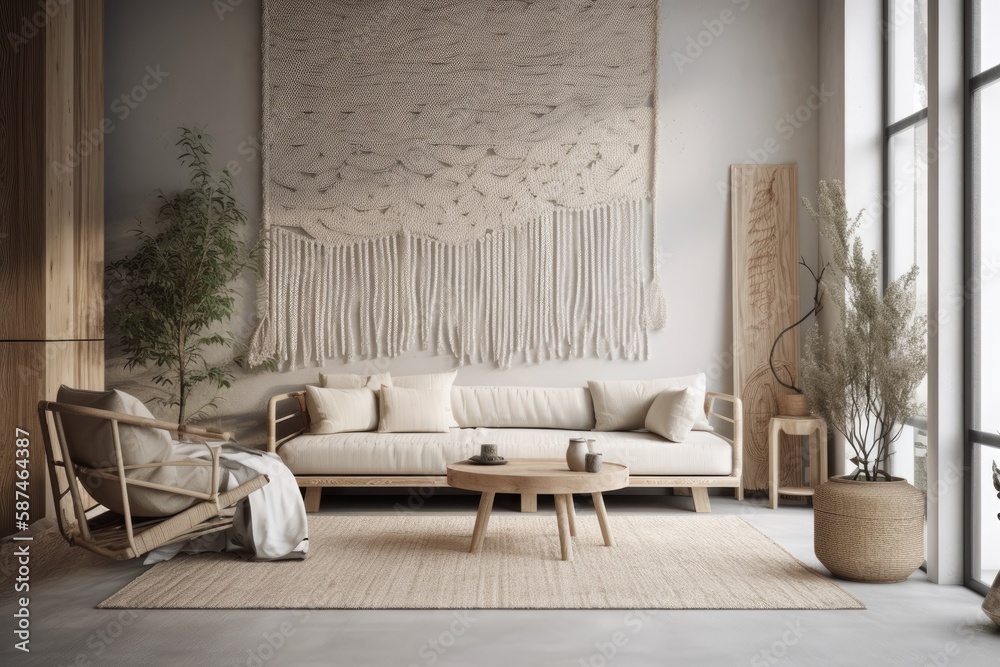 Japandi living room with bleached wood and plaster wall. Macrame wall art and minimalist fabric couc