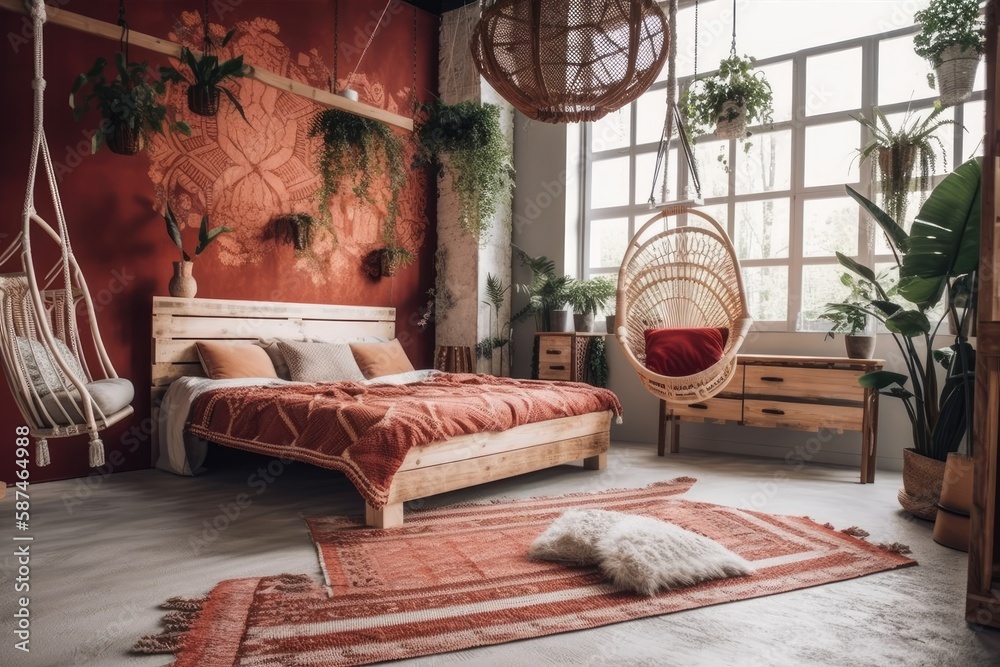 Boho hardwood bedroom closeup in white and red. Bed, hanging chair, potted plants. Wallpapered shutt