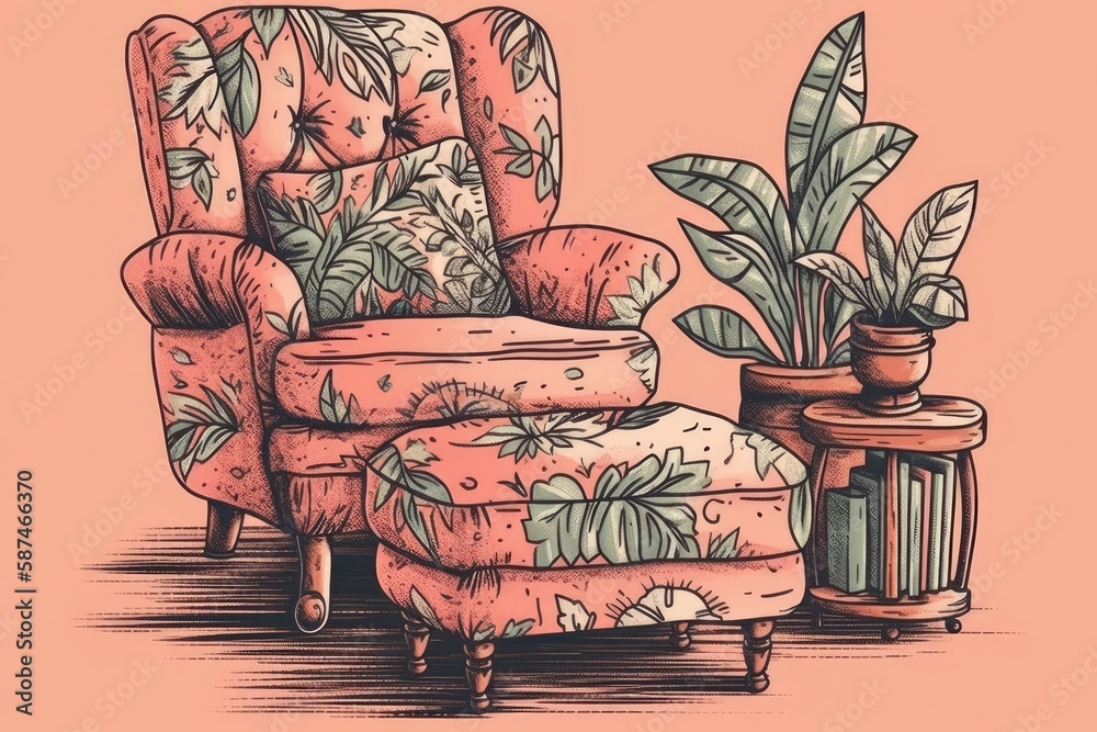 Hand drawn armchair and footstool. Comfortable bohemian living room furnishings. Isolated. Illustrat