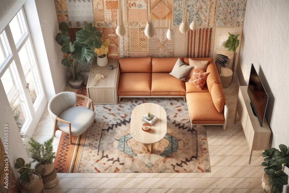 Bohemian living room with wallpaper and parquet, architect interior designer idea. Boho, plan, top v